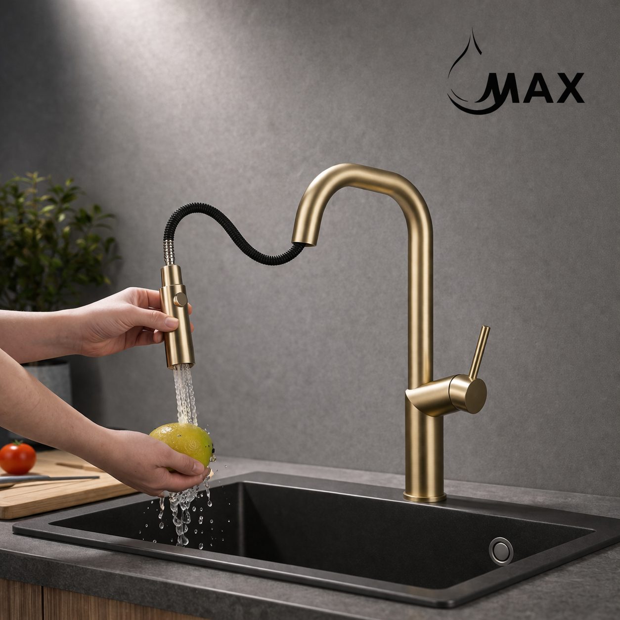 Brushed gold pull-out kitchen faucet with modern gooseneck design by MAX Faucets®