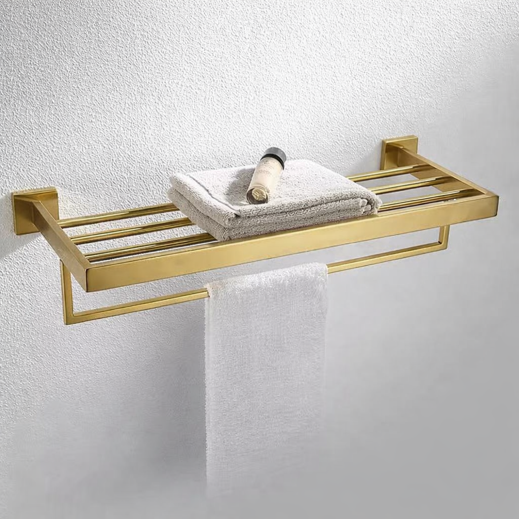 Brushed gold towel shelf with bar, 60cm stainless steel wall-mounted rack. Durable, modern, and space-saving bathroom accessory