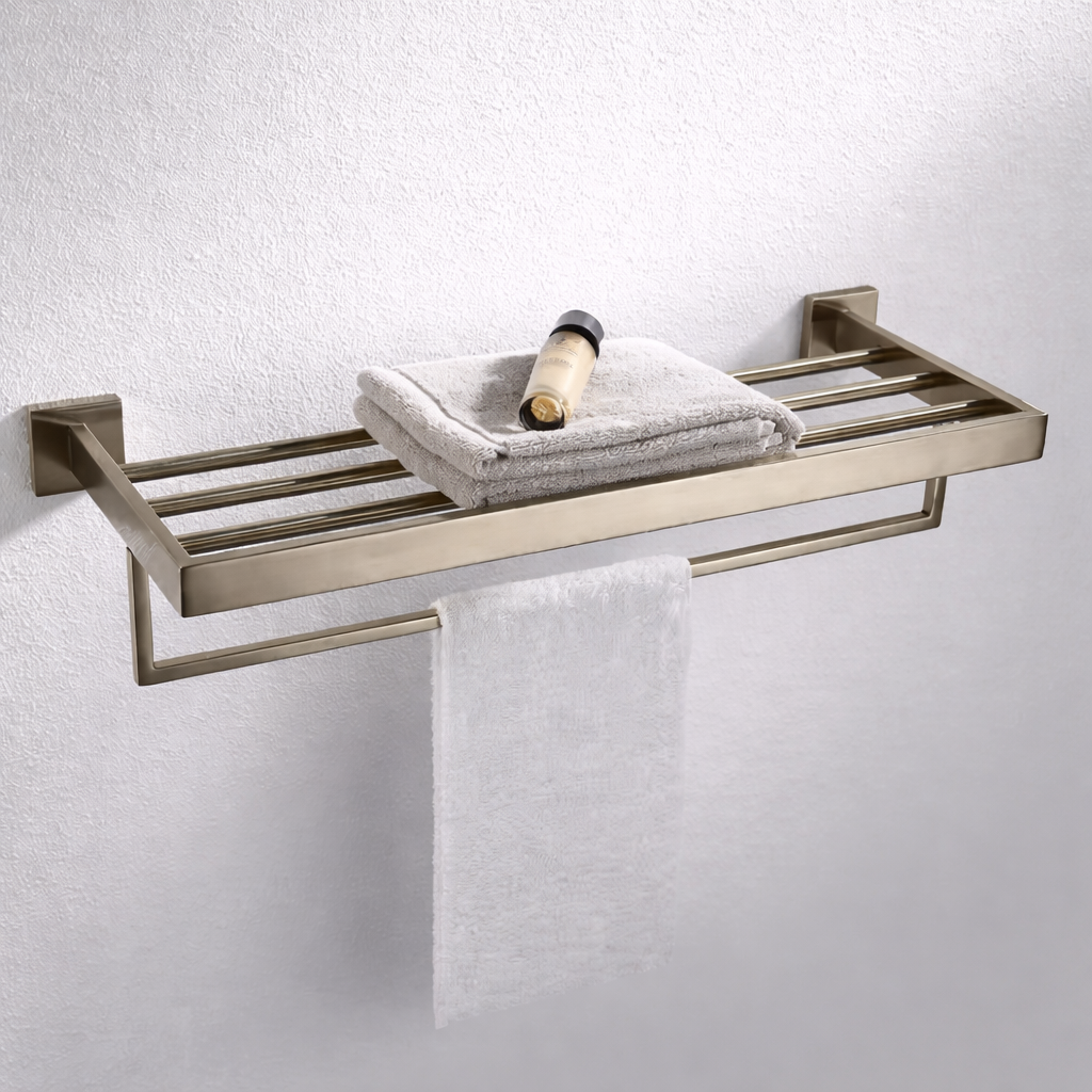 Brushed Nickel Towel Shelf with Bar 60cm | Bathroom Rack