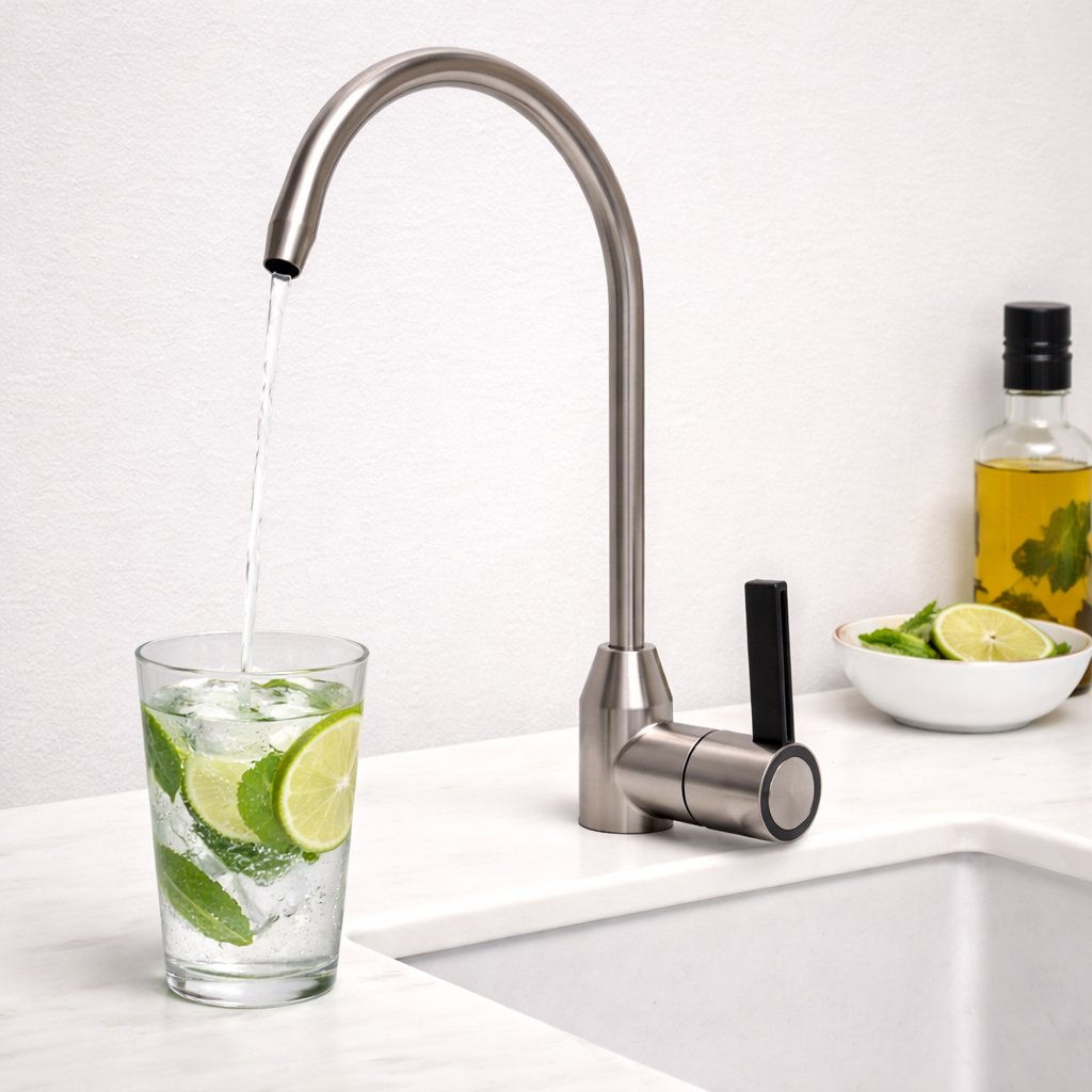 Brushed nickel water filter faucet with black handle and high arc spout for RO drinking water systems