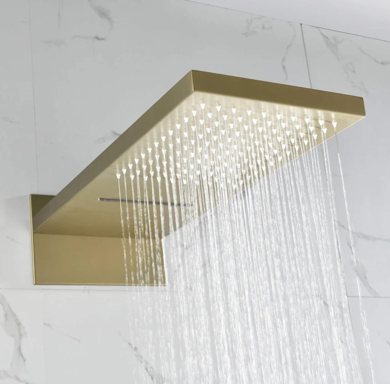 Brushed gold dual function shower head with rainfall spray