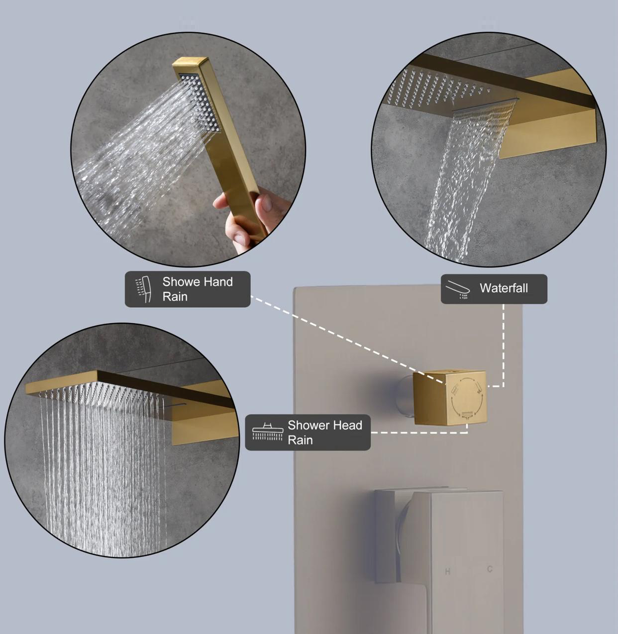 Brushed gold waterfall and rainfall shower system with handheld and pressure balance valve