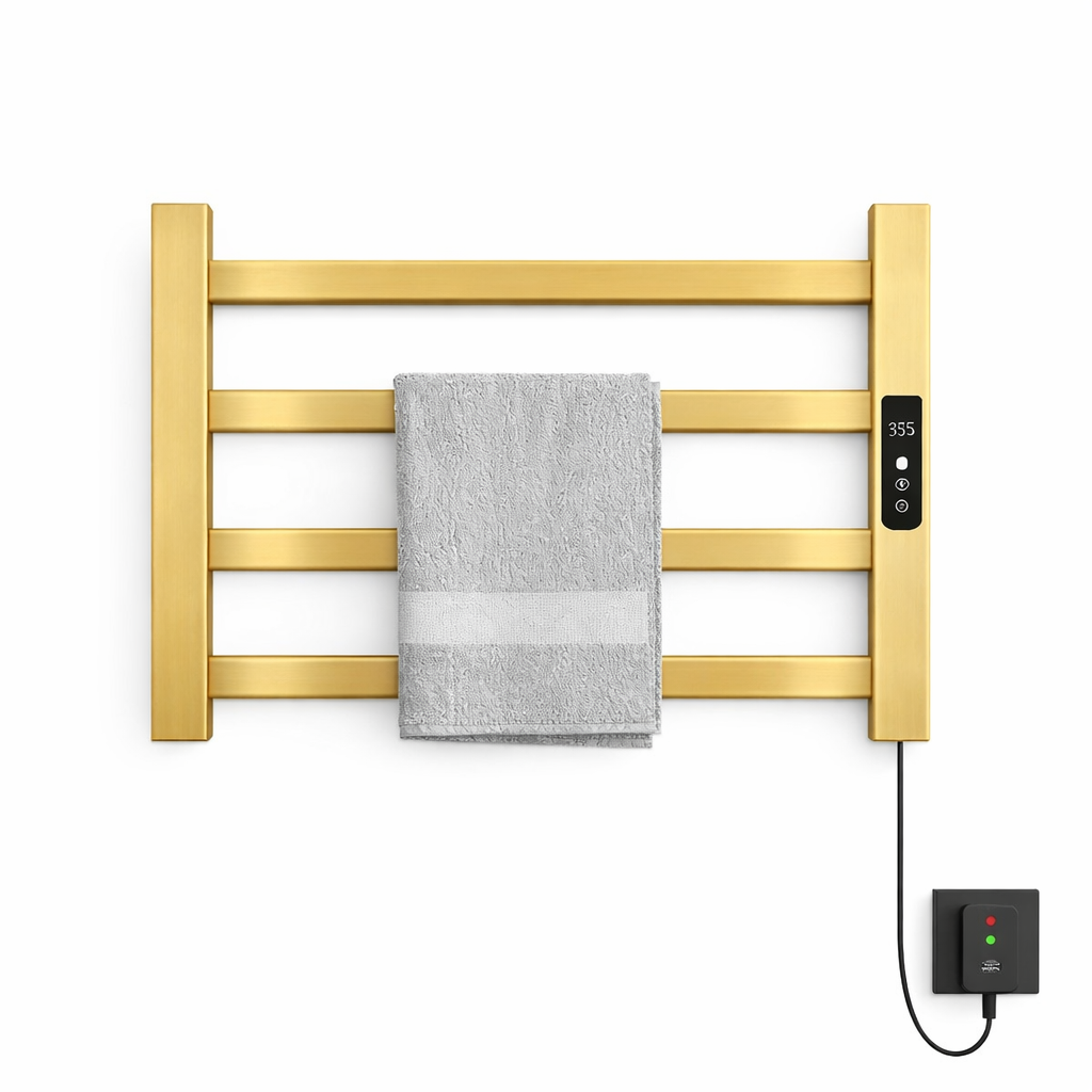 Brushed gold electric heated towel rack with towels in modern bathroom setting