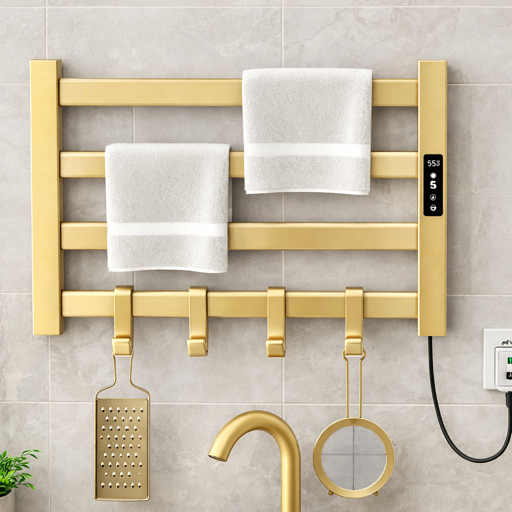 Close-up of digital control display on brushed gold electric towel warmer rack