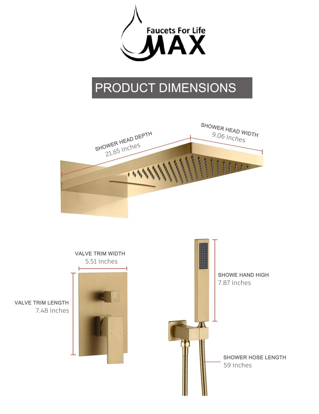 Brushed gold waterfall and rainfall shower system with handheld and pressure balance valve