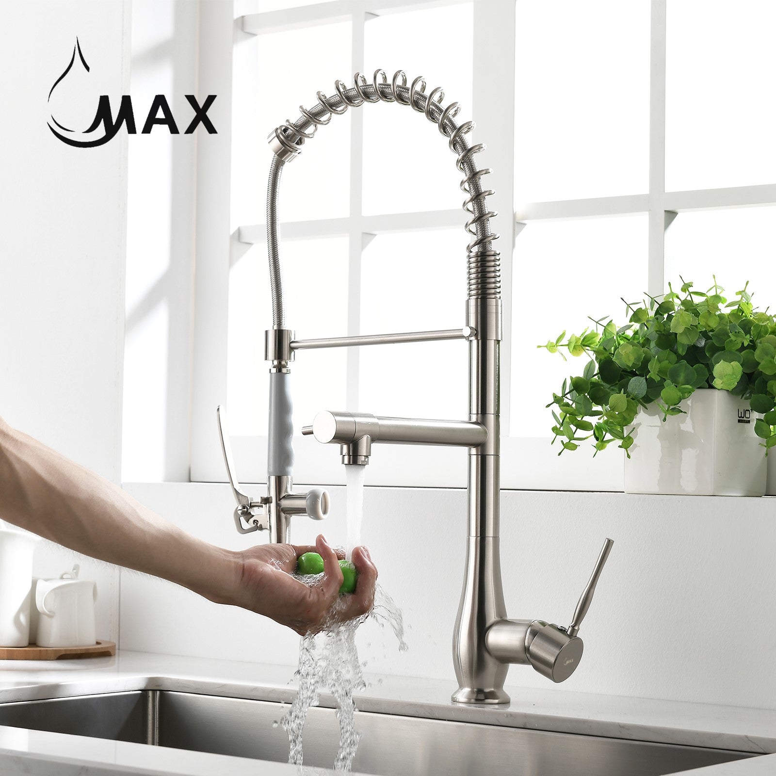 Separate brushed nickel pot filler spout in stream mode on MAX matte black pre-rinse kitchen faucet