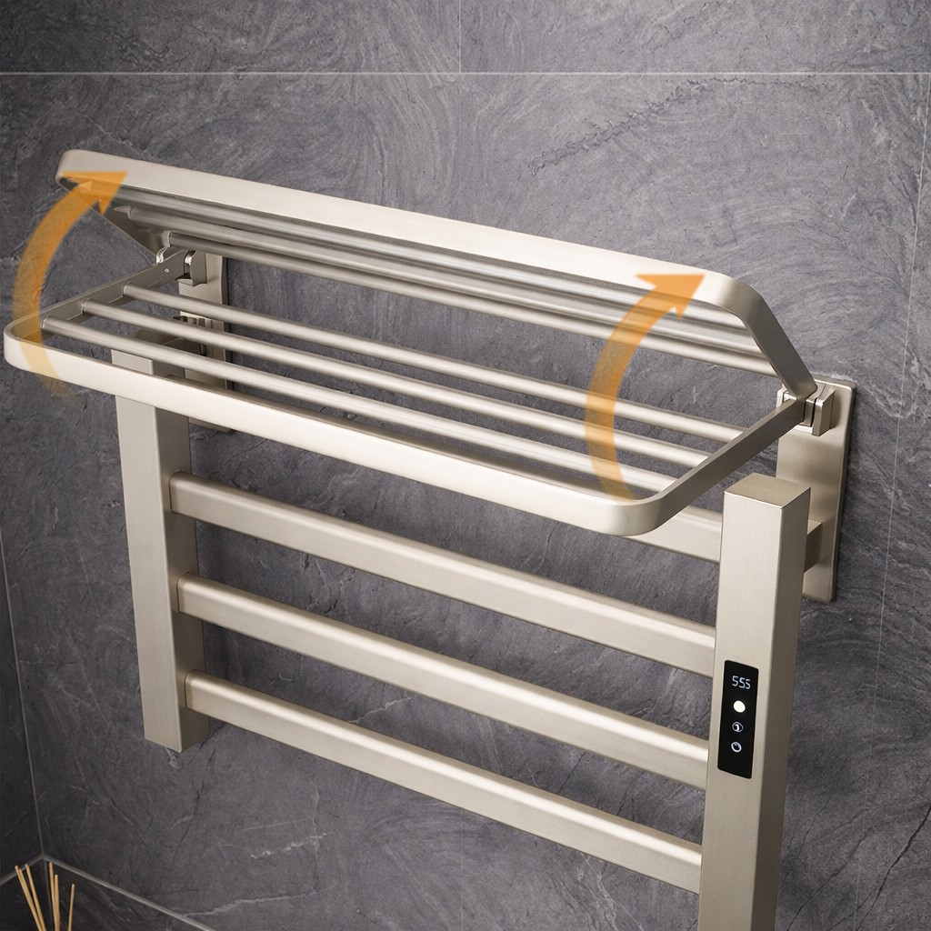 Brushed nickel wall-mounted electric towel warmer rack with shelf by MAX Faucets