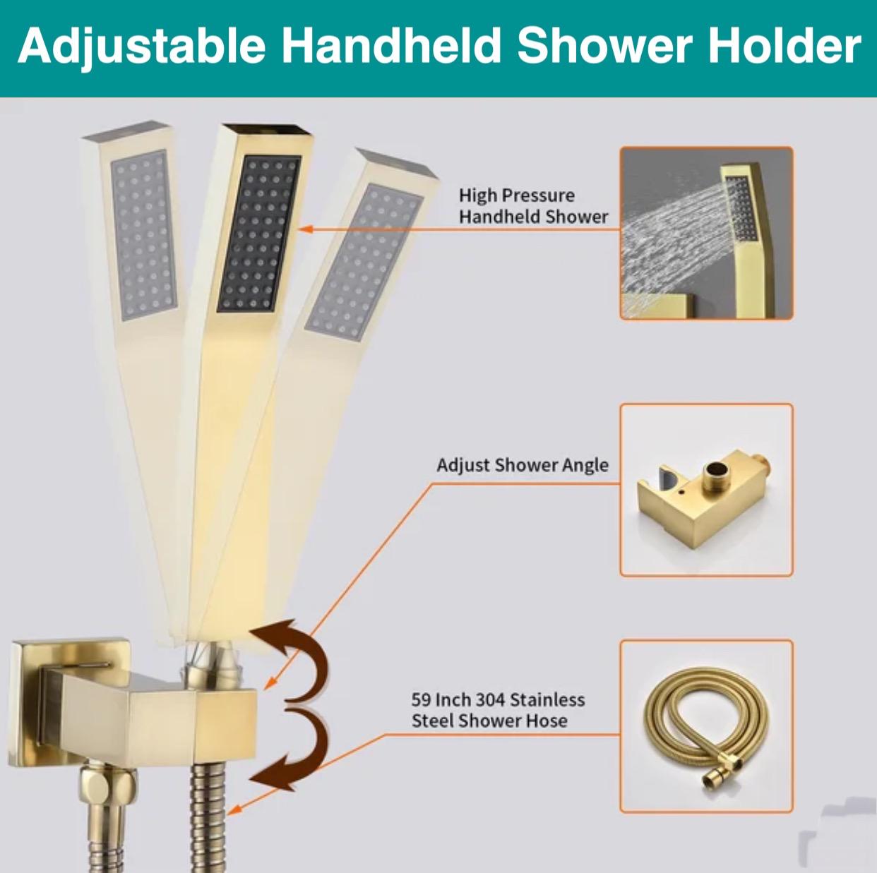Thermostatic Shower System Three Function Handheld With 4 Body Jets and Valve Brushed Gold Finish