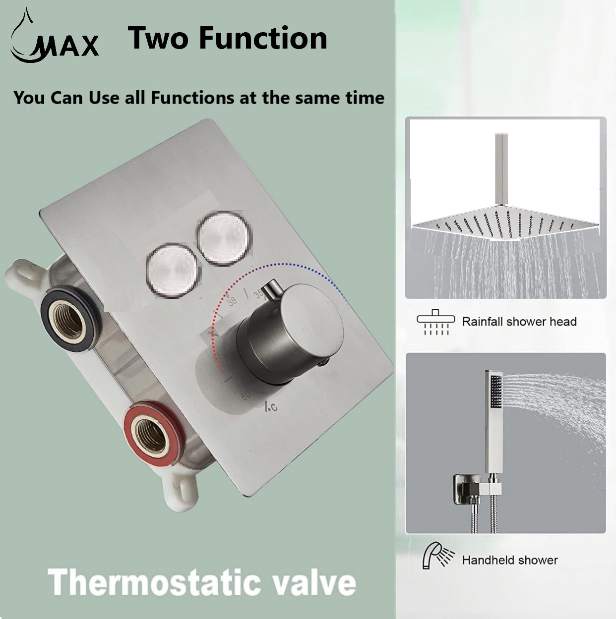Ceiling Thermostatic Square Shower System Two Functions With Push-buttons Pressure Balance Valve Brushed Nickel Finish
