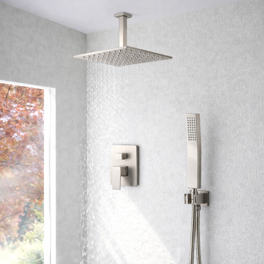 Ceiling Square Shower System Two Functions With Pressure-Balance Valve Brushed Nickel YM-MC6225-BN