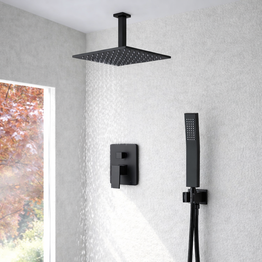 MAX Faucets Ceiling Square Shower System Two Functions With Pressure-Balance Valve Matte Black MC-6225-MB