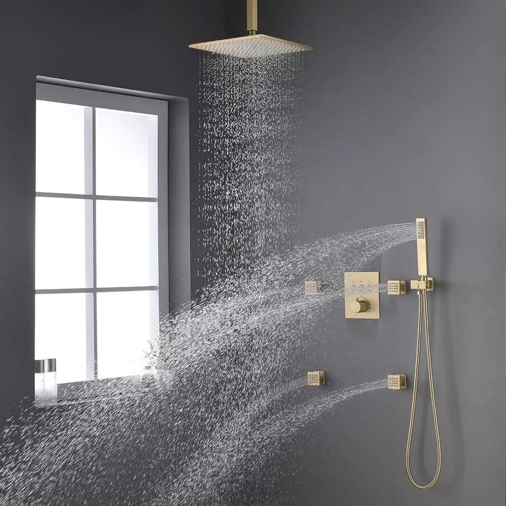 Ceiling Thermostatic Shower System Three Function Handheld With 4 Body Jets and Valve Brushed Gold Finish