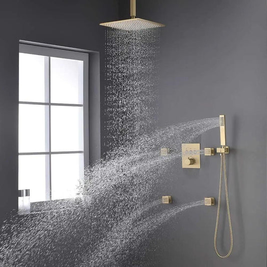 Ceiling Thermostatic Shower System Three Function Handheld With 4 Body Jets and Valve Brushed Gold Finish