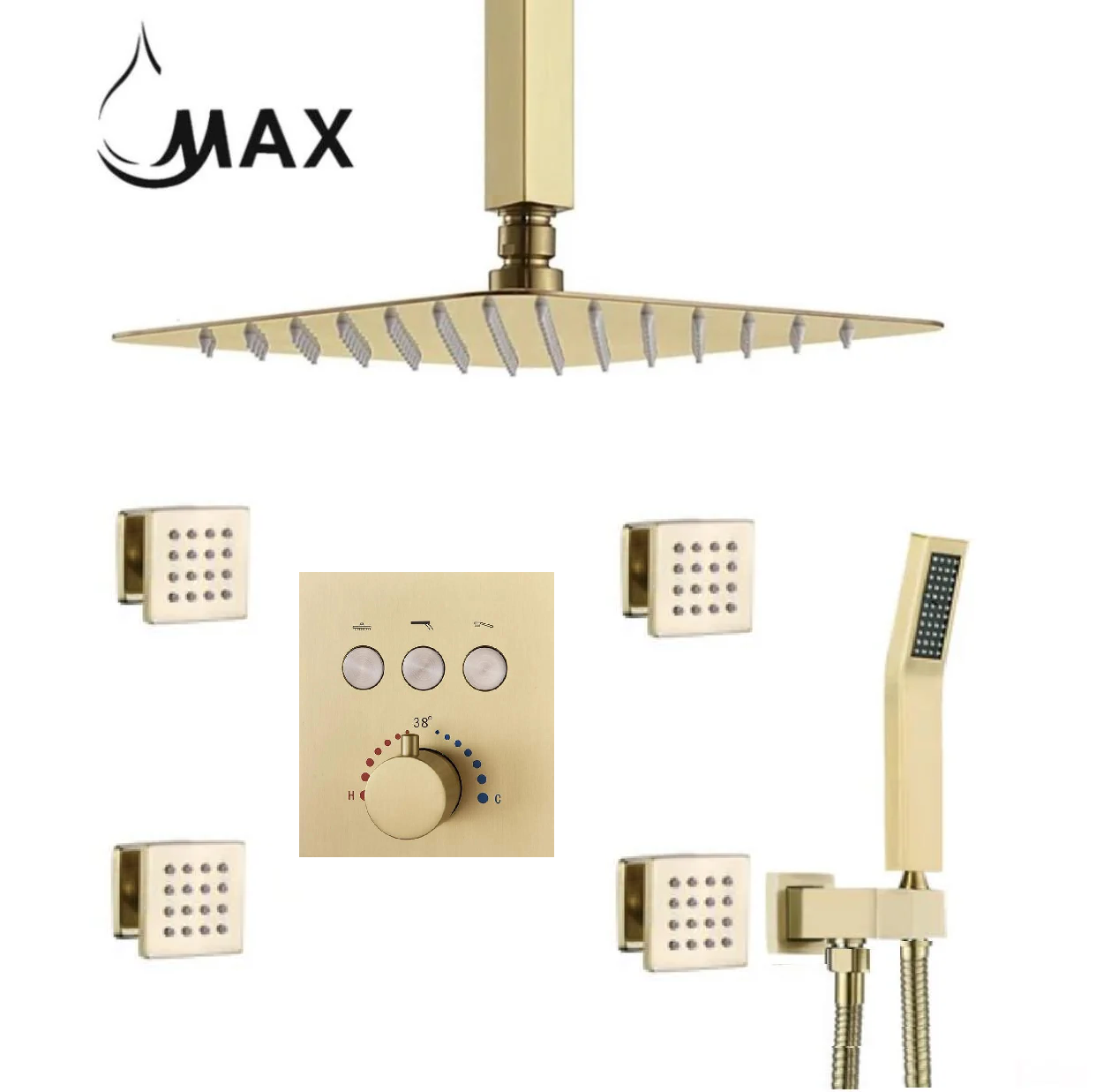 Ceiling Thermostatic Shower System Three Function Handheld With 4 Body Jets and Valve Brushed Gold Finish