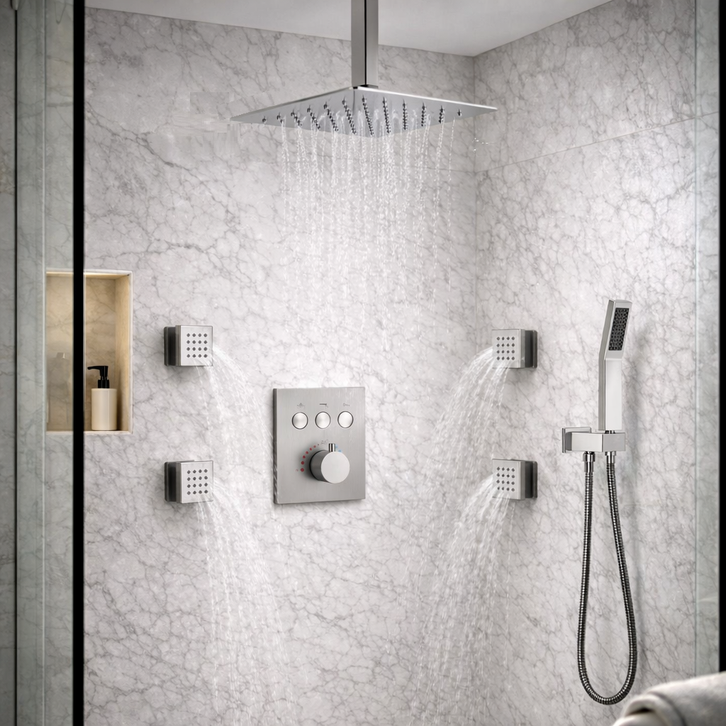 Ceiling Thermostatic Shower System Three Function Handheld With 4 Body Jets and Valve Brushed Nickel