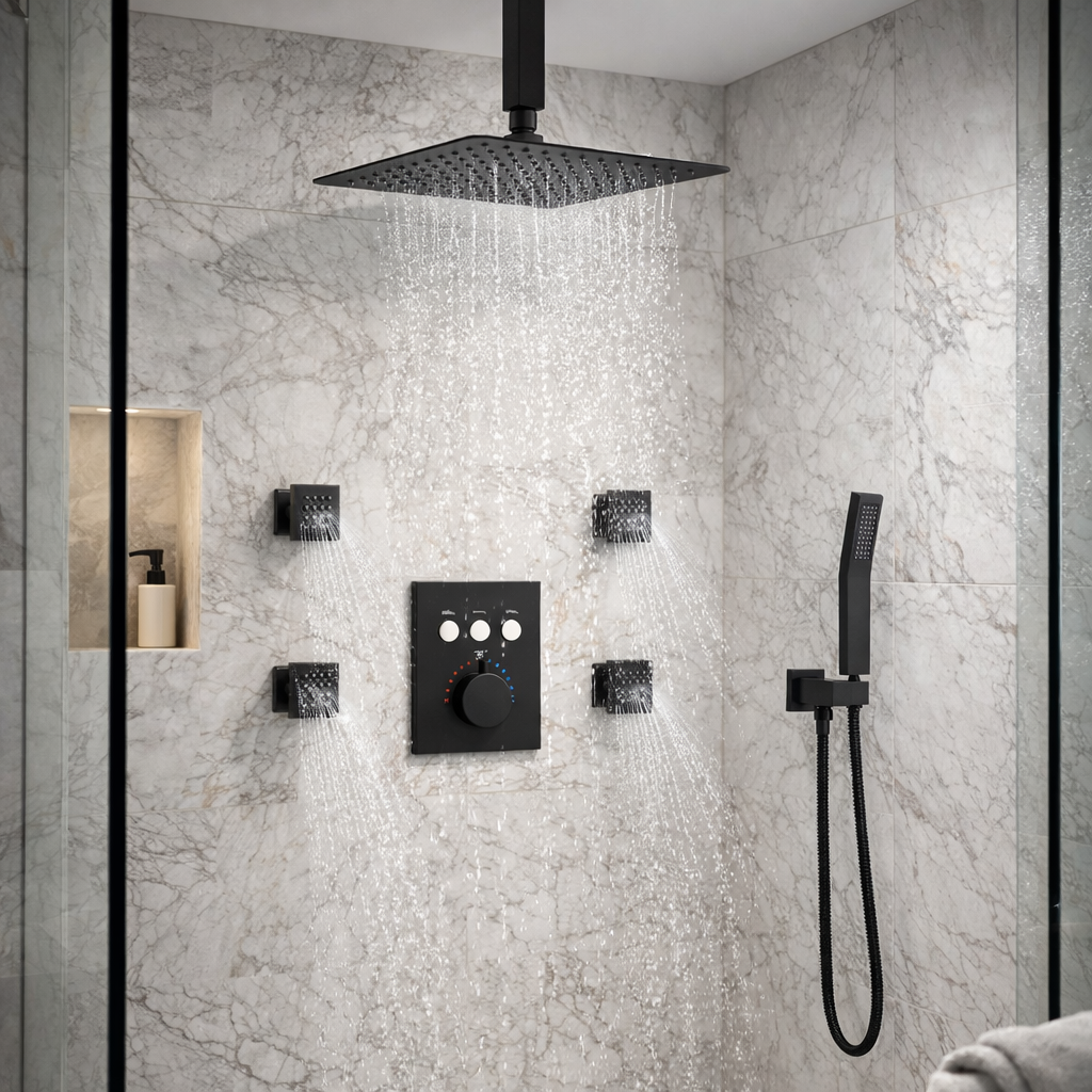 Ceiling Thermostatic Shower System Three Function Handheld With 4 Body Jets and Valve Matte Black Finish