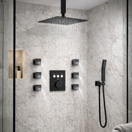 Ceiling Thermostatic Shower System Three Function Handheld With 6 Body Jets and Valve Matte Black Finish