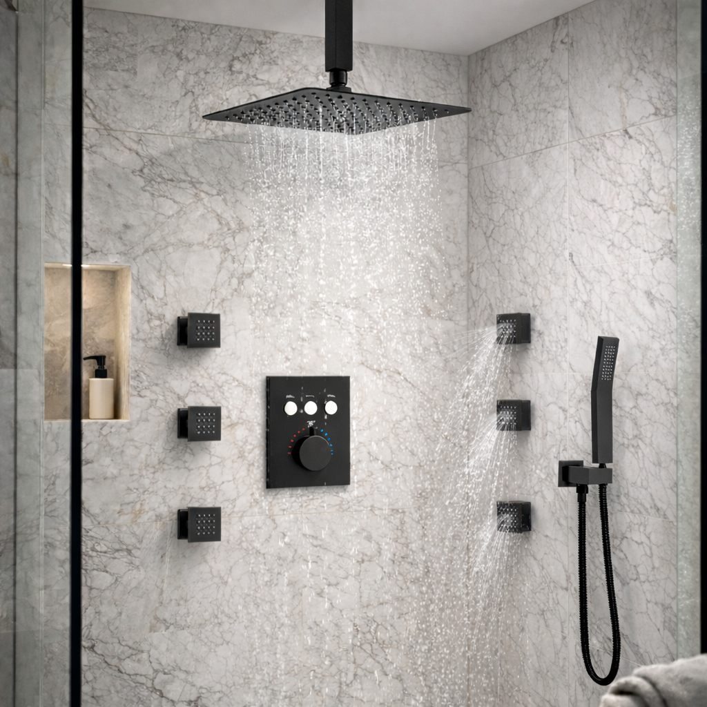 Ceiling Thermostatic Shower System Three Function Handheld With 6 Body Jets and Valve Matte Black Finish