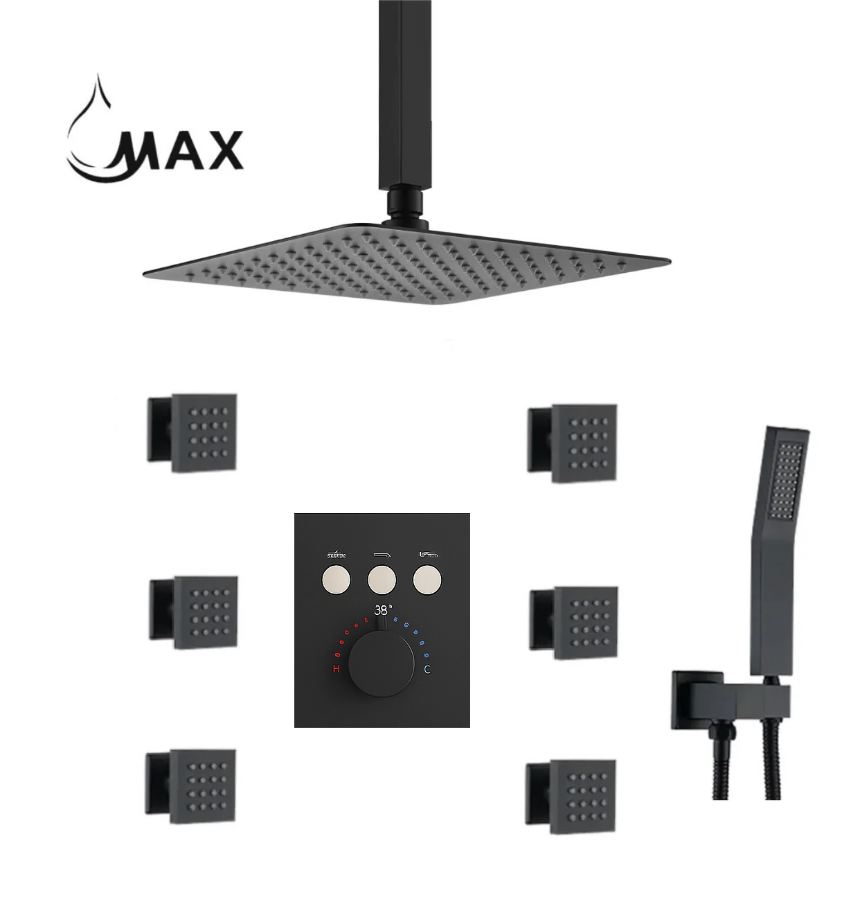 Ceiling Thermostatic Shower System Three Function Handheld With 6 Body Jets and Valve Matte Black Finish