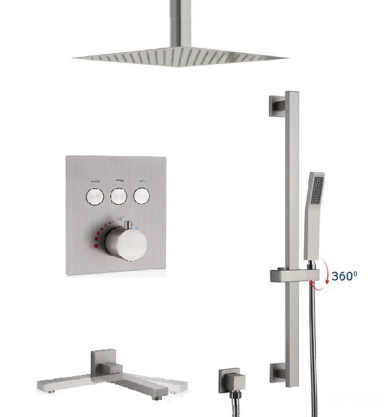 Ceiling Thermostatic Shower System Three Functions With Hand-Held Slide Bar and Pressure Balance Valve Brushed Nickel Finish