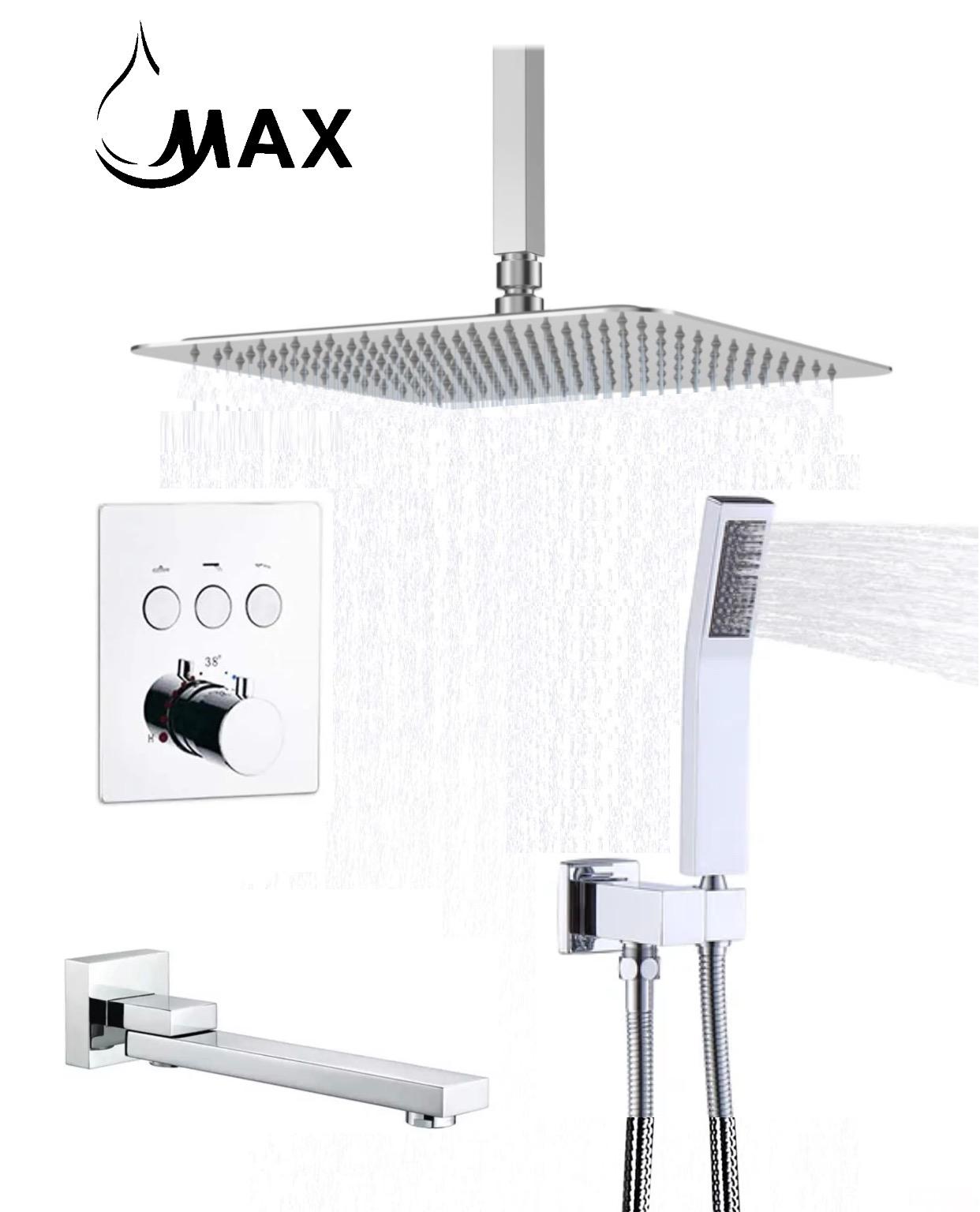 MAX Faucets | Ceiling Thermostatic Shower System Three Functions With Push-Buttons Pressure Balance Valve Chrome Finish YM-MC7133TH-C