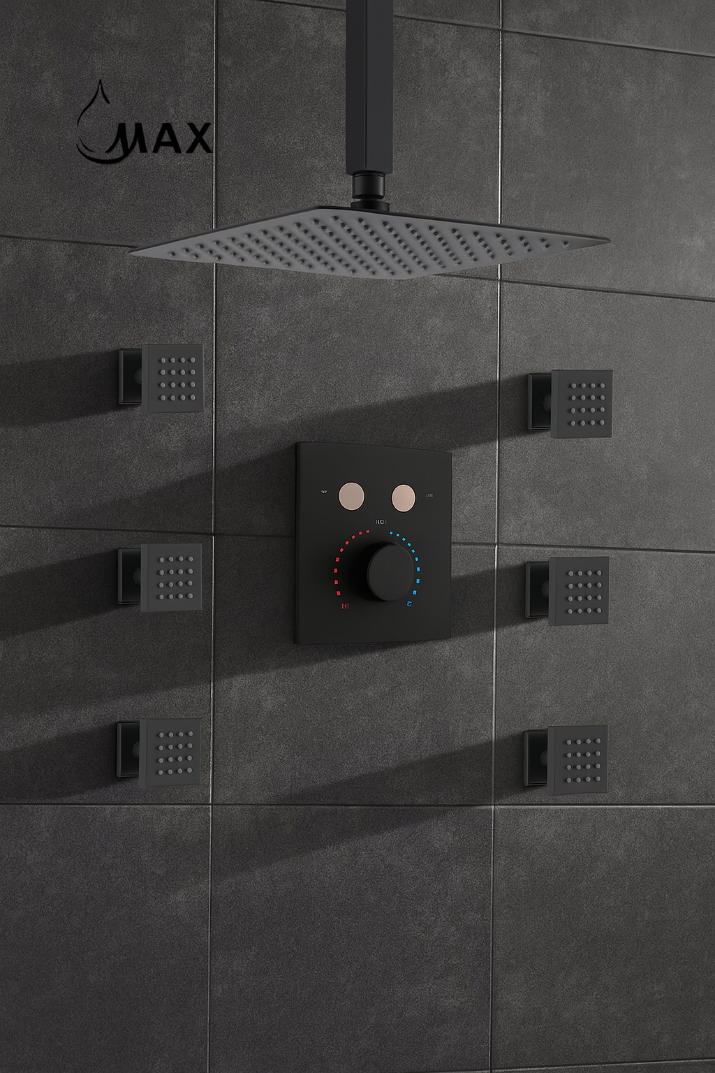 Ceiling Thermostatic Shower System Two Function With 6 Body Jets and Valve Matte Black Finish YM-MC7766THJ-MB