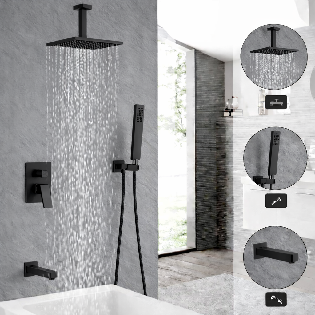 Ceiling Tub Shower System Three Functions With Pressure-Balance Valve Matte Black YM-MC6335-MB