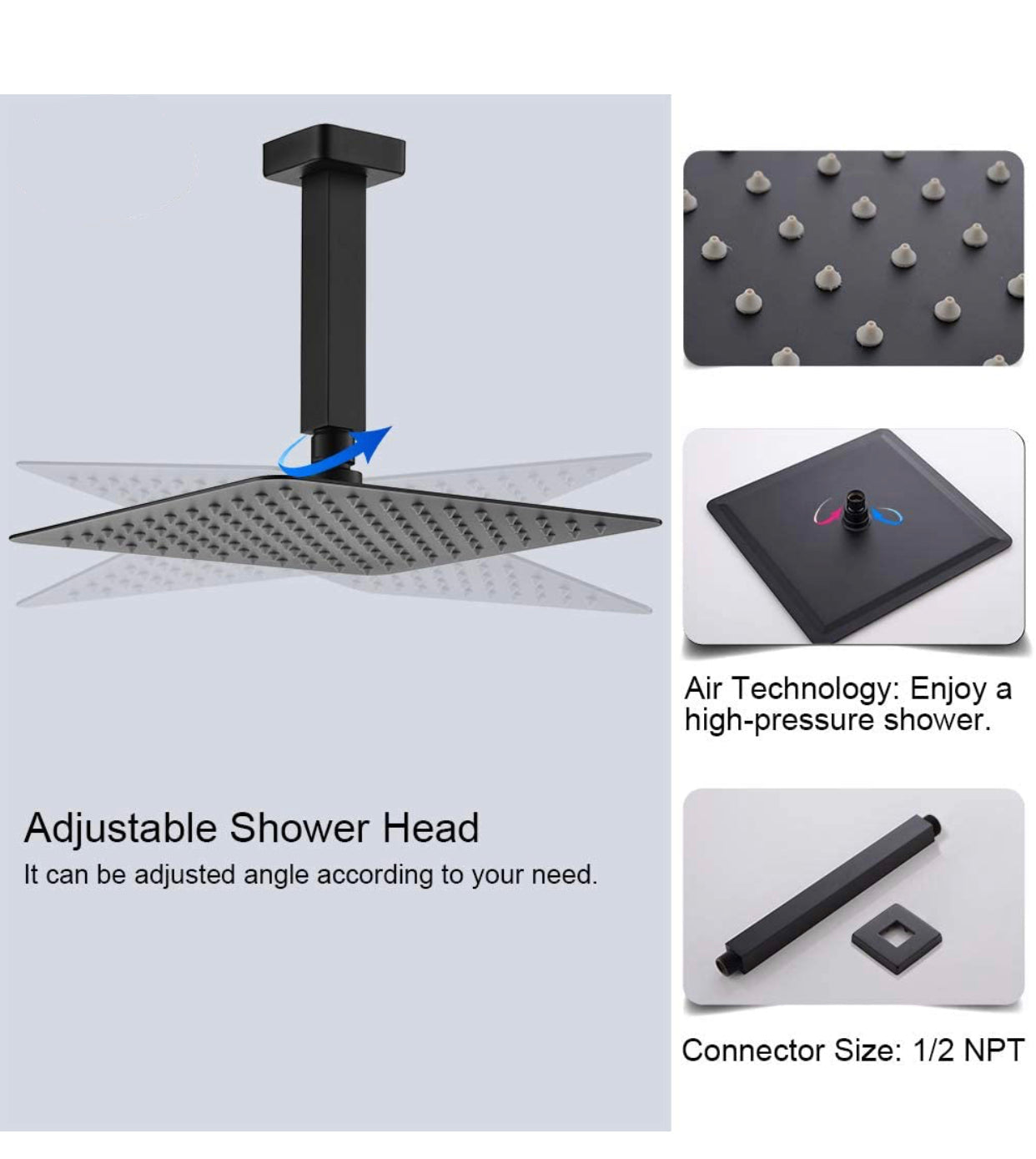 Ceiling adjustable shower head matte black finish 