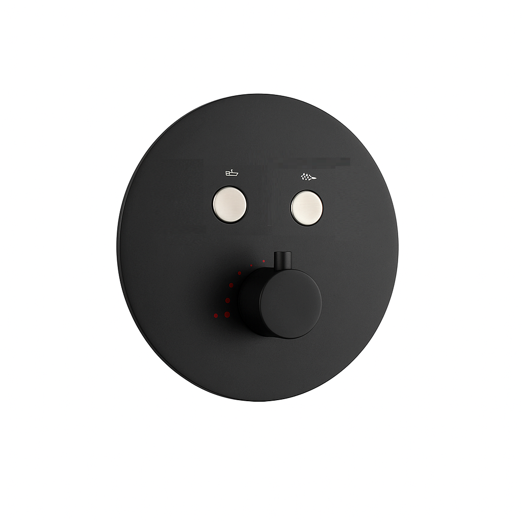 Round Push-Button Thermostatic Shower Valve – Two Functions – Matte Black Finish – 12" Round Shower Head YM-RW5122TH-MB