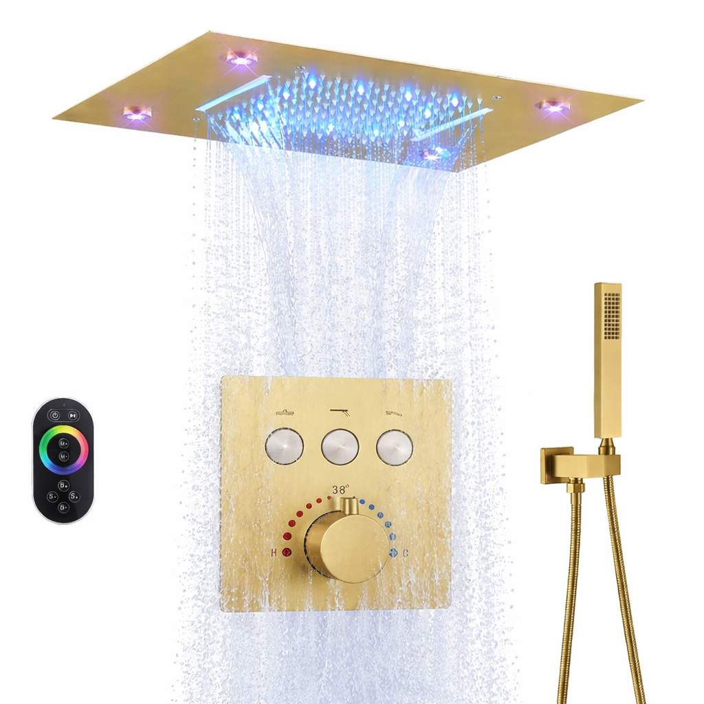 MAX Faucets Luxury LED Ceiling Thermostatic Shower System – Brushed Gold