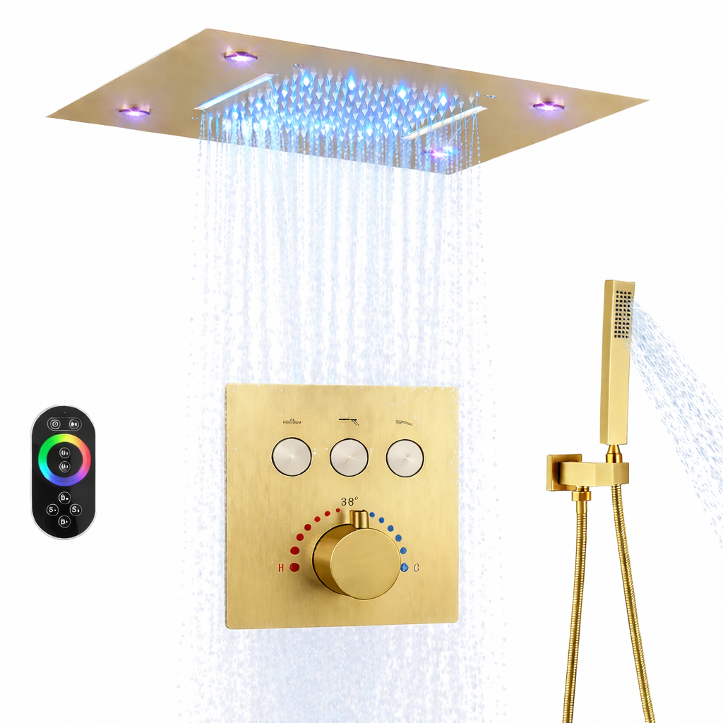 MAX Faucets Luxury LED Ceiling Thermostatic Shower System – Brushed Gold