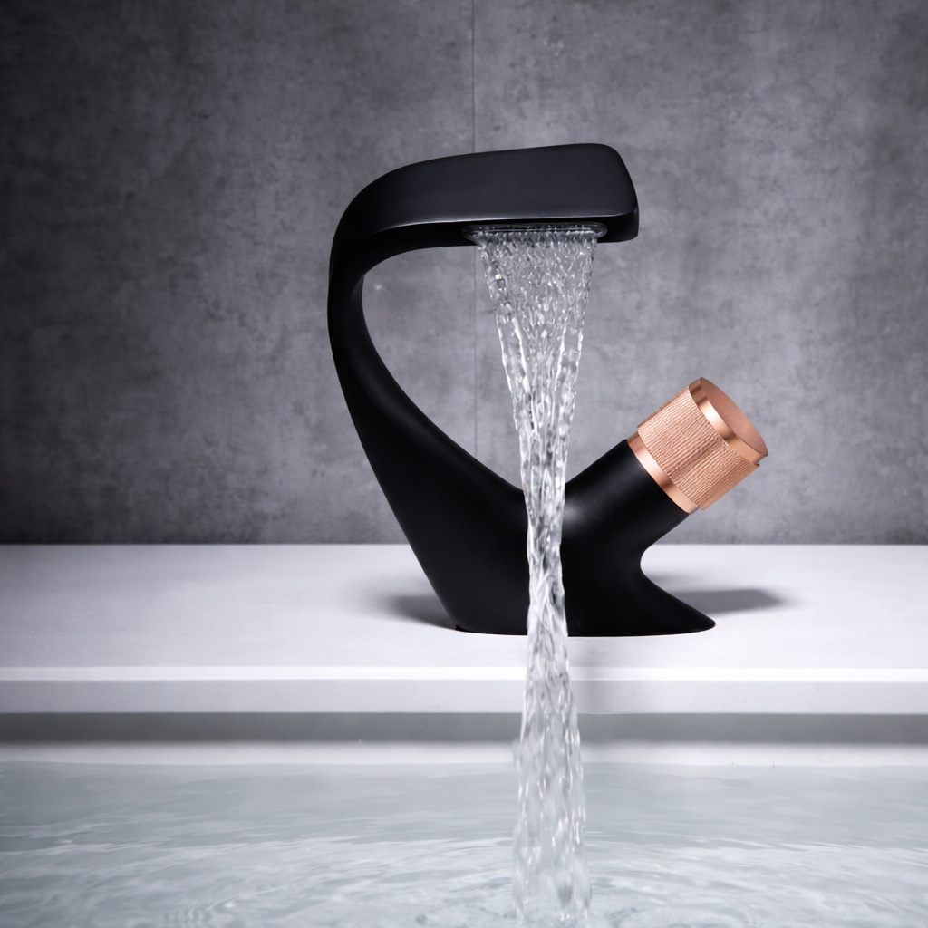MAX Faucets® Side Knob Waterfall Bathroom Faucet – Matte Black with Rose Gold Accent