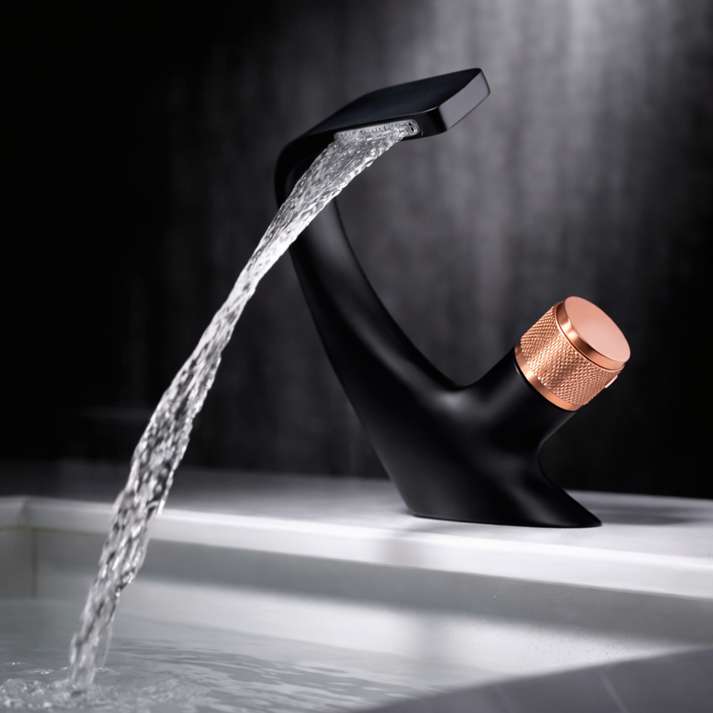 MAX Faucets® Side Knob Waterfall Bathroom Faucet – Matte Black with Rose Gold Accent