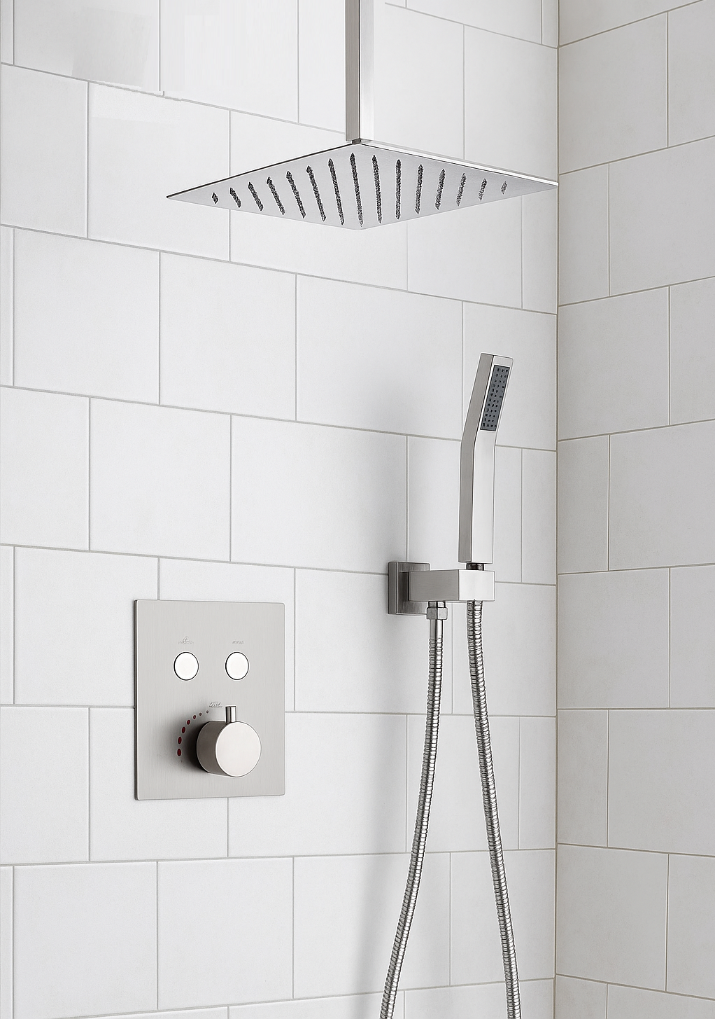Ceiling Thermostatic Square Shower System Two Functions With Push-buttons Pressure Balance Valve Brushed Nickel Finish