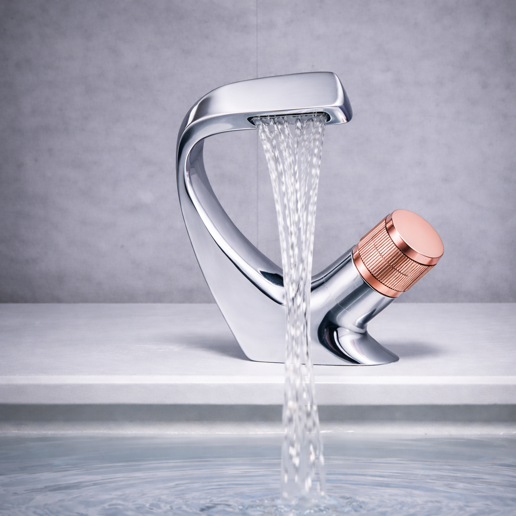 Luxury waterfall bathroom faucet with open spout design creating smooth water flow for modern sink