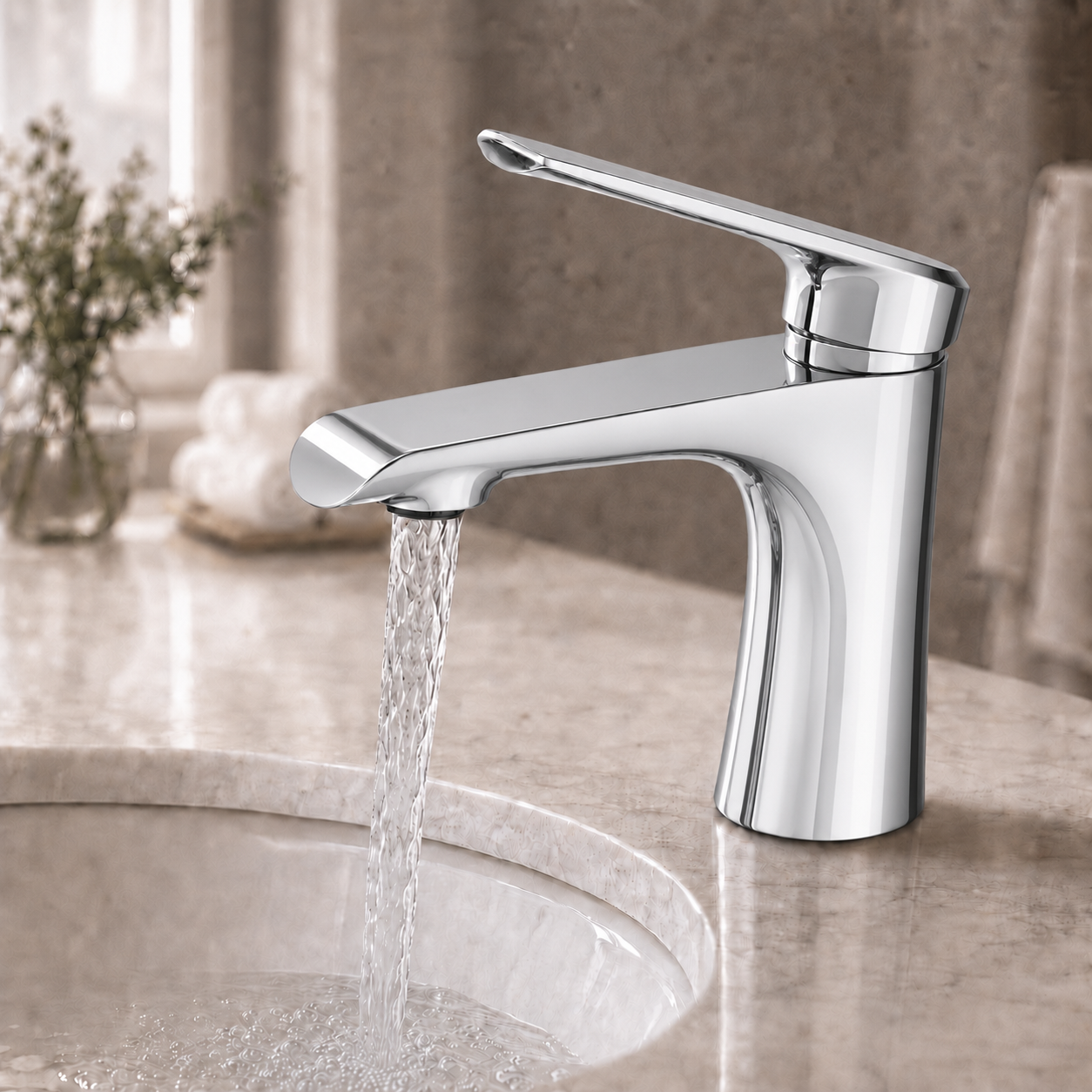A modern single-handle bathroom faucet with a polished chrome finish, mounted on a white marble sink countertop with a blurred bathroom background.
