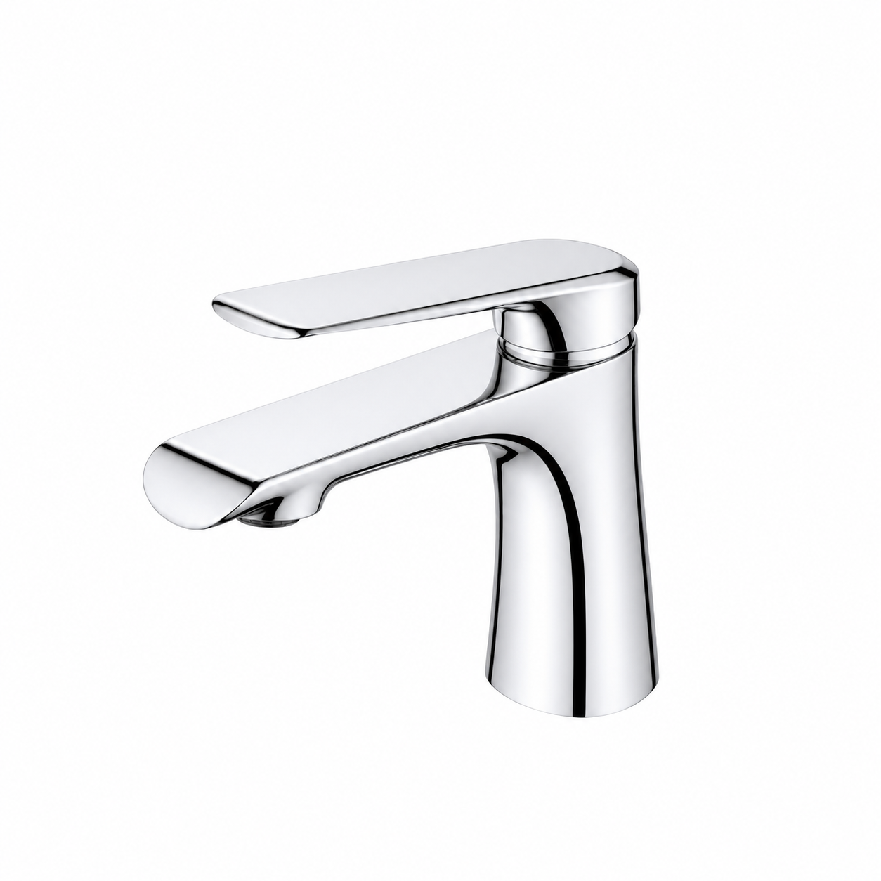 A modern single-handle bathroom faucet with a polished chrome finish, shown from a three-quarter angle on a solid white background.