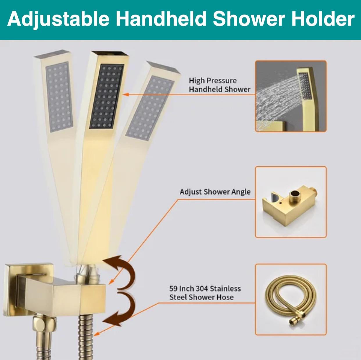 Brushed gold handheld shower head with hose and holder