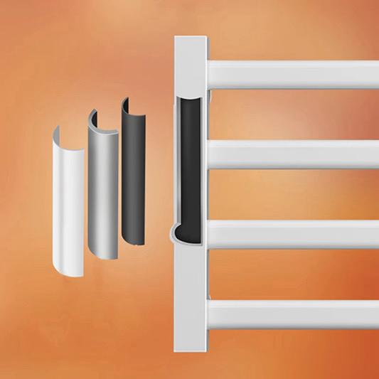 White electric towel warmer rack with bottom hooks for hanging towels and accessories