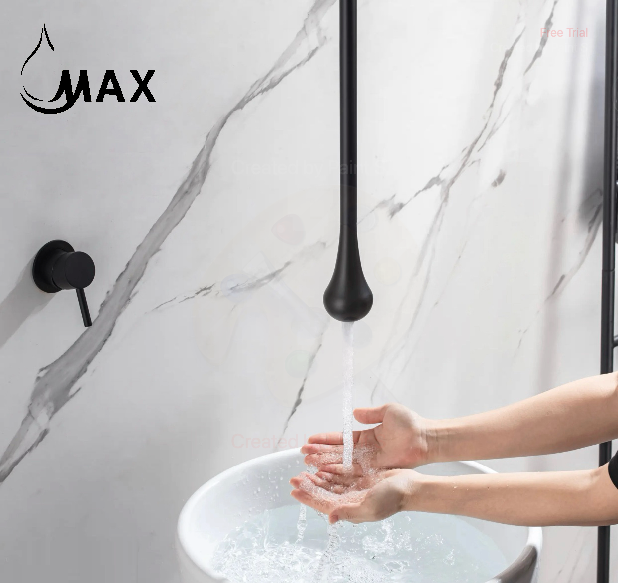 Wall-mounted hand control operating a matte black ceiling-mounted bathroom faucet by MAX Faucets