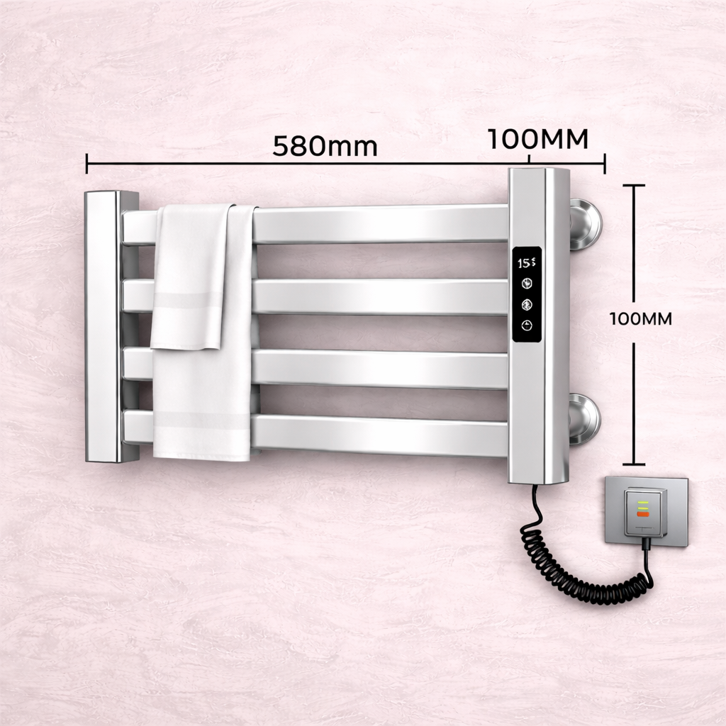 MAX Faucets Dimensions of polished chrome electric towel warmer rack showing 580 mm width and 300 mm height