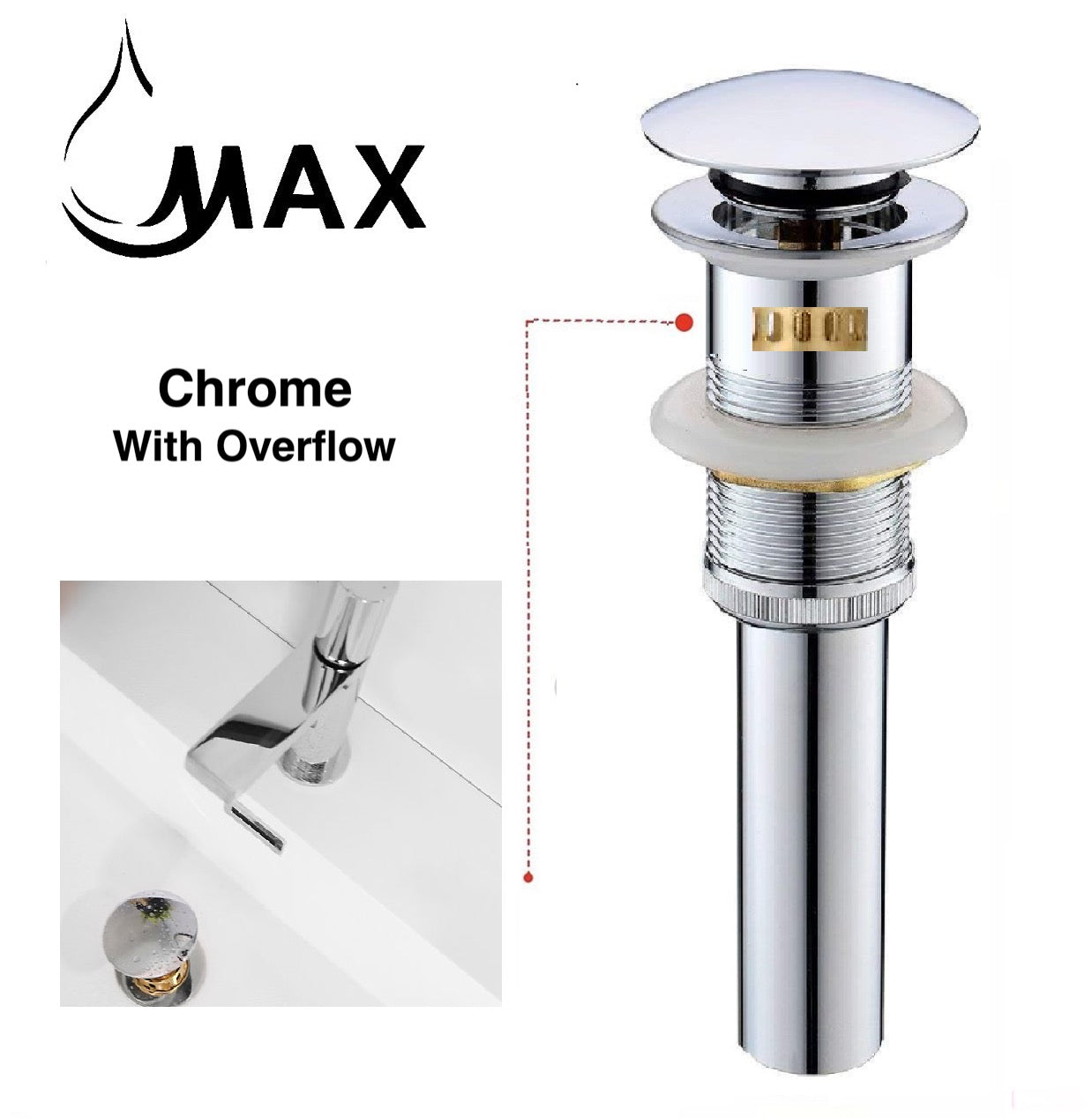 MAX Faucets | Solid Brass Pop-Up Bathroom Sink Drain Assembly – Chrome Finish with Overflow and Hair Catcher