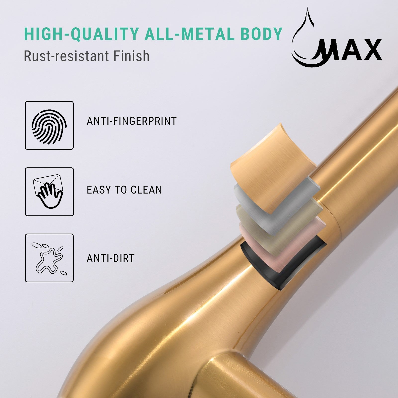 Flexible pull-down hose on brushed gold MAX Faucets pre-rinse kitchen faucet for full sink coverage