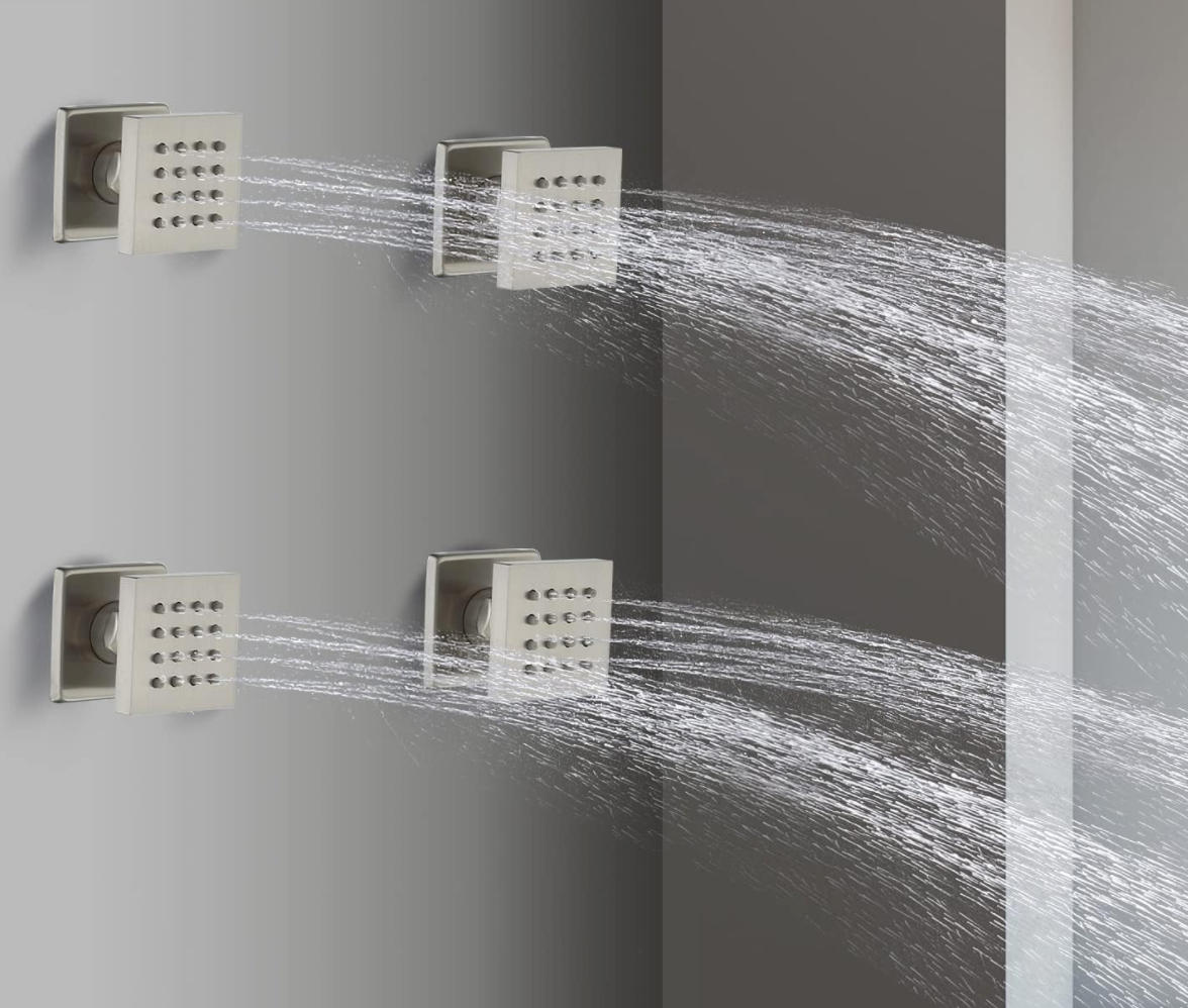 Four brushed nickel body jets for full-body shower experience