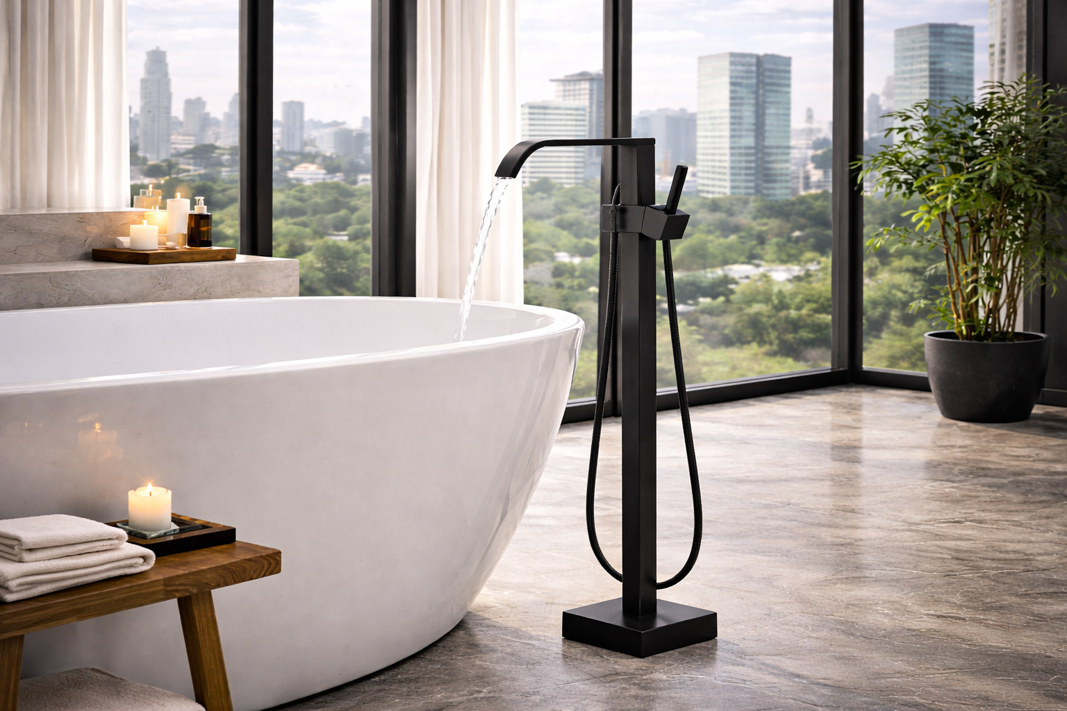Luxury freestanding bathtub faucet with handheld shower and floor mounted design for modern bathroom