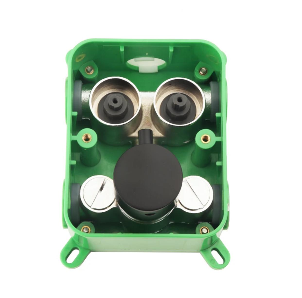 Front view of a 2-function thermostatic shower valve rough-in with matte black temperature knob and exposed valve components inside a green ABS box.