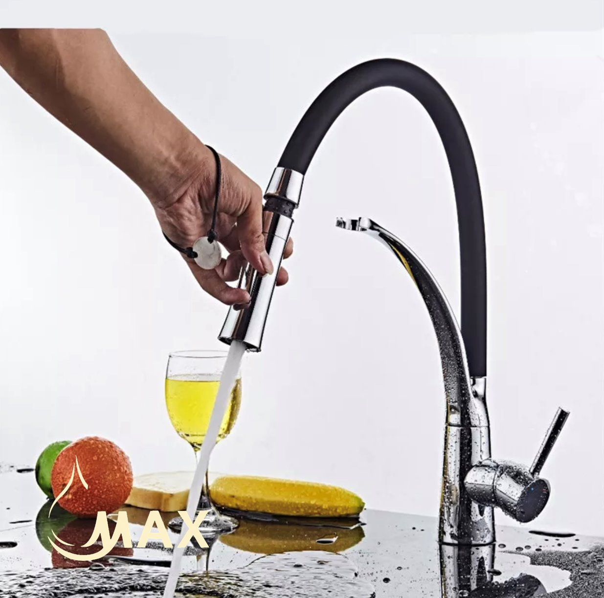 Pull-Down Kitchen Faucet Single Handle Flexible Rubber 17.5"