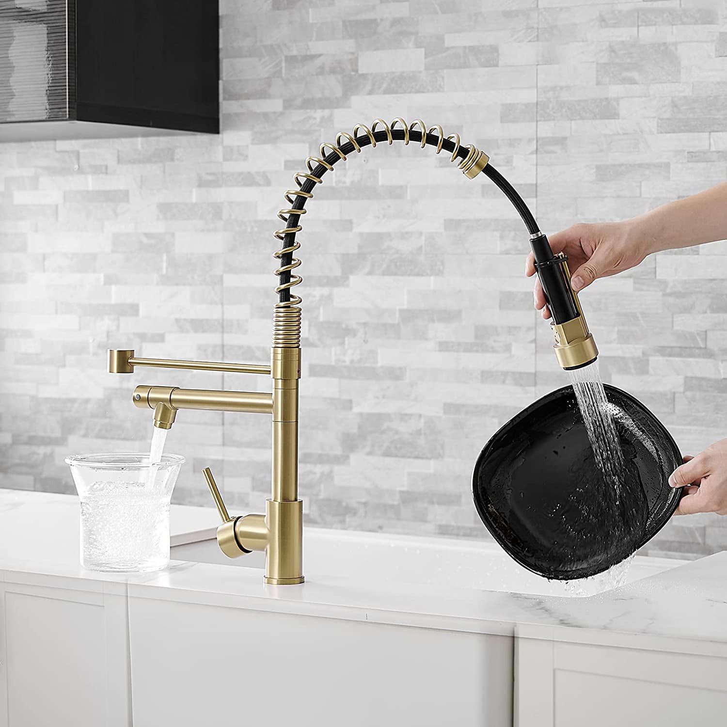 MAX Faucets | Pre-Rinse Chef Style Kitchen Faucet Hands-Free Pull-Down Flexible with Separate Pot Filler Spout – 19" Brushed Gold Finish