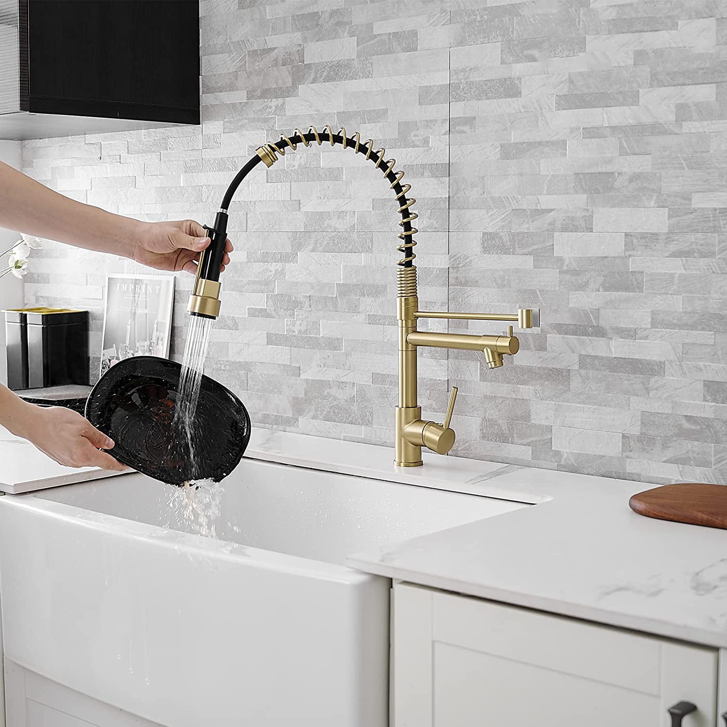 MAX Faucets | Pre-Rinse Chef Style Kitchen Faucet Hands-Free Pull-Down Flexible with Separate Pot Filler Spout – 19" Brushed Gold Finish