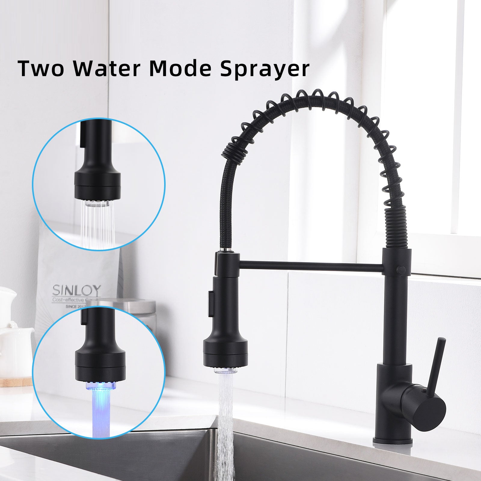 MAX Faucets | Pull-Down Spiral Flexible Kitchen Faucet – 16.5" Matte Black Finish with LED Light